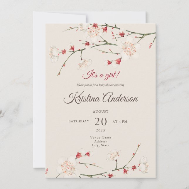 QR Code Vintage Blossom Girl Red Baby Shower Invitation (Front)