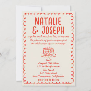 QR Code Vintage Hand Drawn Red Cake Funky Wedding Invitation