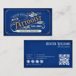 QR Code Vintage Tattoo Artist Blue Professional Business Card