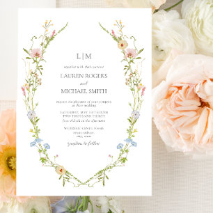 QR Code Vintage Wildflower Garden Monogram Wedding Invitation