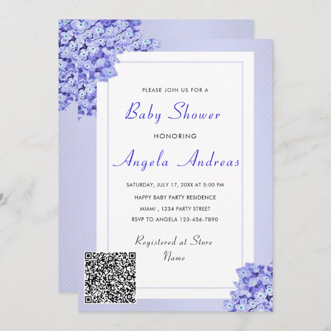 QR Code Violet Flowers Baby Girl Shower Invitation (Front/Back)