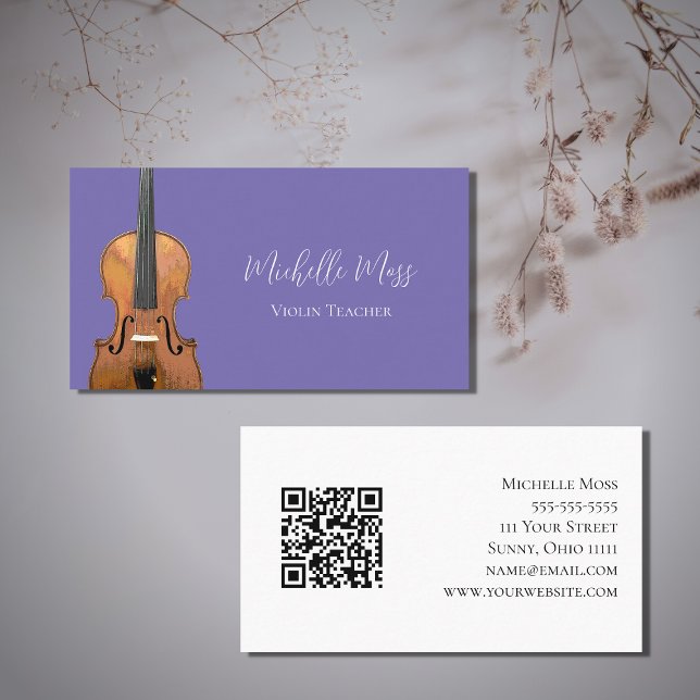 QR code Violin Teacher Cute Purple Musician  Business Card (Creator Uploaded)