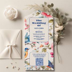 QR Code Watercolor Birds Peony Chinoiserie Garden  All In One Invitation