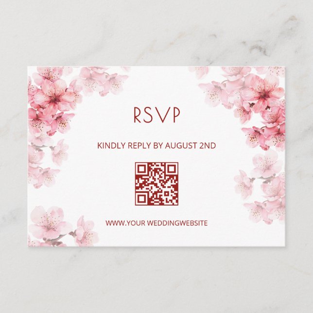 QR Code | Watercolor Cherry Blossom RSVP Enclosure Card (Front)