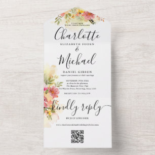 QR Code Watercolor Floral Signature Script Wedding All In One Invitation