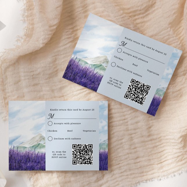 QR Code Watercolor Mountain Lavender Wedding RSVP Card (QR Code RSVP Card from my Mountain Lavender Wedding Collection)
