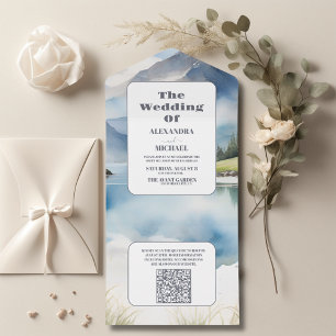 QR Code Watercolor Mountain Meadow Wedding All In One Invitation