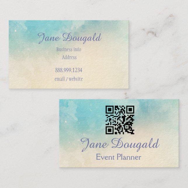 QR Code Watercolor Pastel Blues Pink  Custom  Business Card (Front/Back)