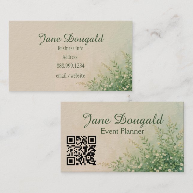 QR Code Watercolor Pastel Botanical Greenery Business Card (Front/Back)