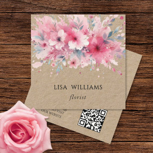 QR Code   Watercolor Pink Flowers Kraft Square Business Card