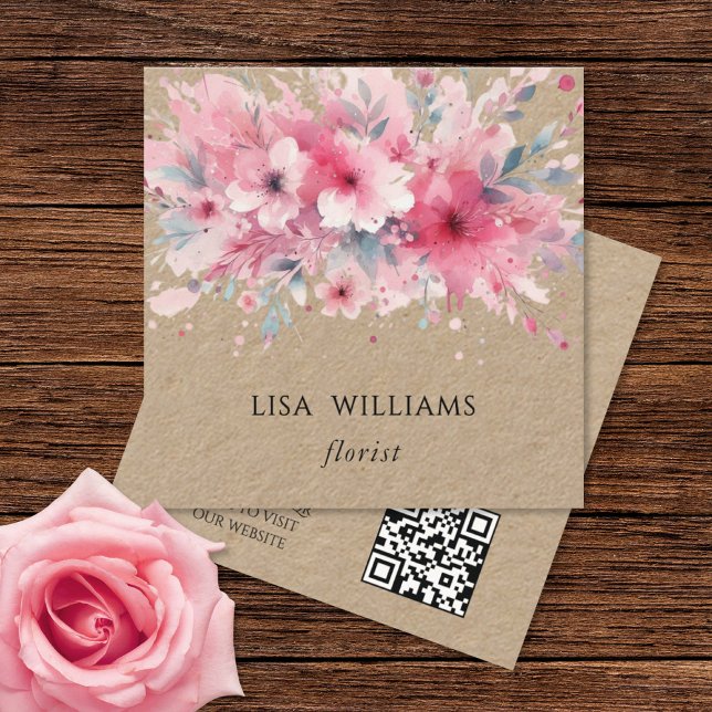 QR Code | Watercolor Pink Flowers Kraft Square Business Card (Creator Uploaded)