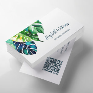 QR Code Watercolor Tropical Leaves Business Card