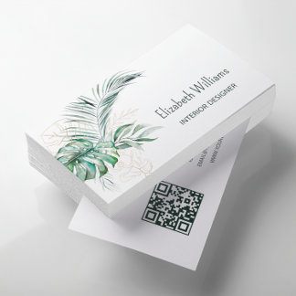 QR Code |  Watercolor Tropical Leaves Business Card