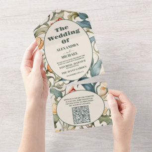 QR Code Watercolor Tulips William Morris Wedding All In One Invitation