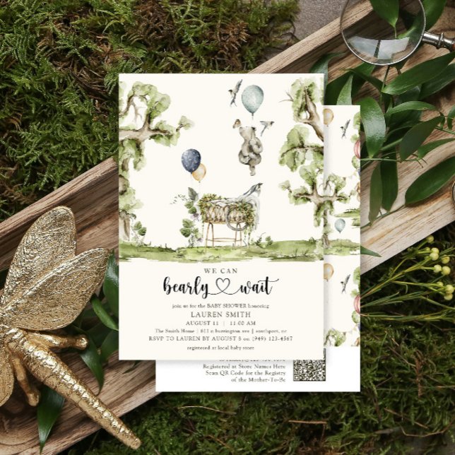 QR Code We Can Bearly Wait Woodland Baby Shower  Invitation (Creator Uploaded)