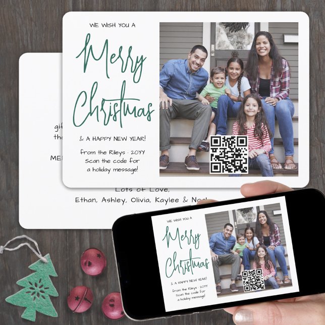 QR Code We Wish You a Merry Christmas Photo Green Holiday Card (Creator Uploaded)
