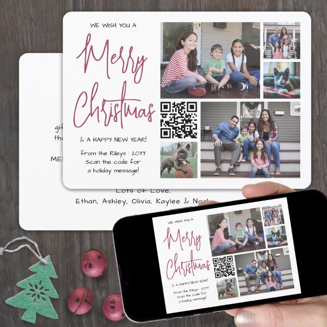 QR Code We Wish You a Merry Christmas Red 5 Photo Holiday Card (Creator Uploaded)