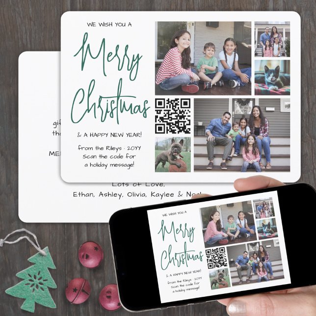 QR Code We Wish You Merry Christmas 5 Photo Green Holiday Card (Creator Uploaded)