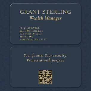 QR Code Wealth Manager Navy Blue Gold Business Card