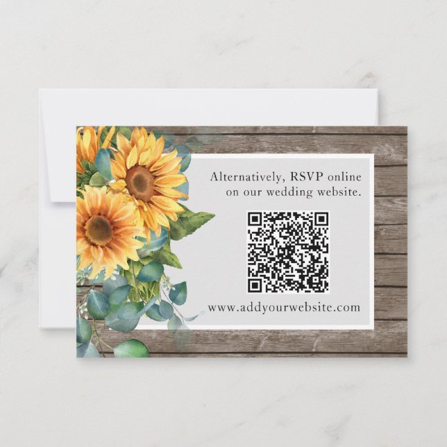 Qr Code Website Rustic Wood Sunflowers Wedding RSV RSVP Card (Back)