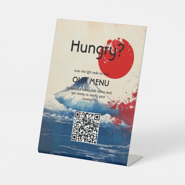 QR code wedding menu Japonesque Harmony with Fuji Pedestal Sign (Front)