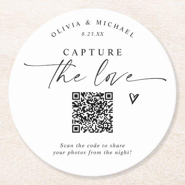 QR Code Wedding Modern Elegant Photo Sharing Round Paper Coaster (Front)