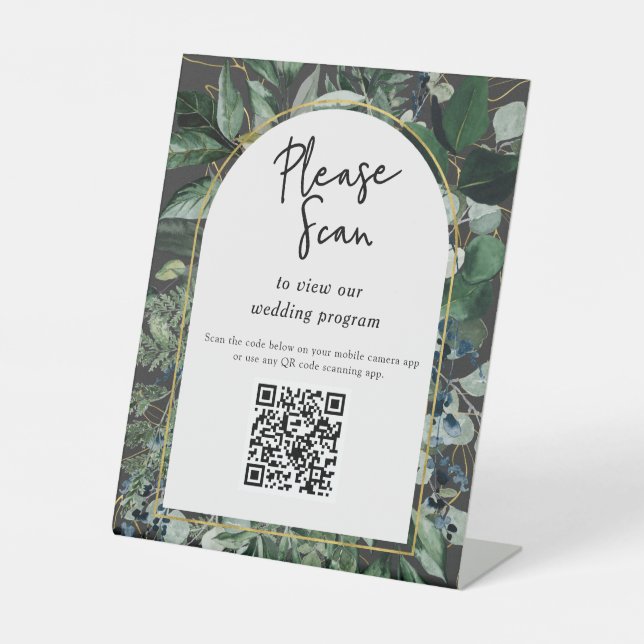 QR code wedding program Modern Botanical Greenery  Pedestal Sign (Front)
