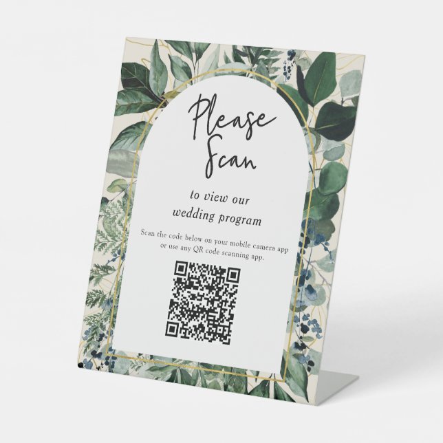 QR code wedding program Modern Botanical Greenery  Pedestal Sign (Front)