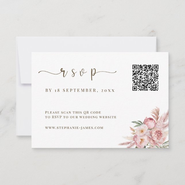 QR Code Wedding RSVP Card with Pink Florals (Front)