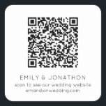 QR Code Wedding Website Names Black White Square Sticker<br><div class="desc">QR Code Wedding Website Names Black and White. The text can be easily personalised. You can also change background and text colours to match your wedding theme if you wish via the Customise Further option. Your QR code will be automatically generated to update the sample code in the design, when...</div>