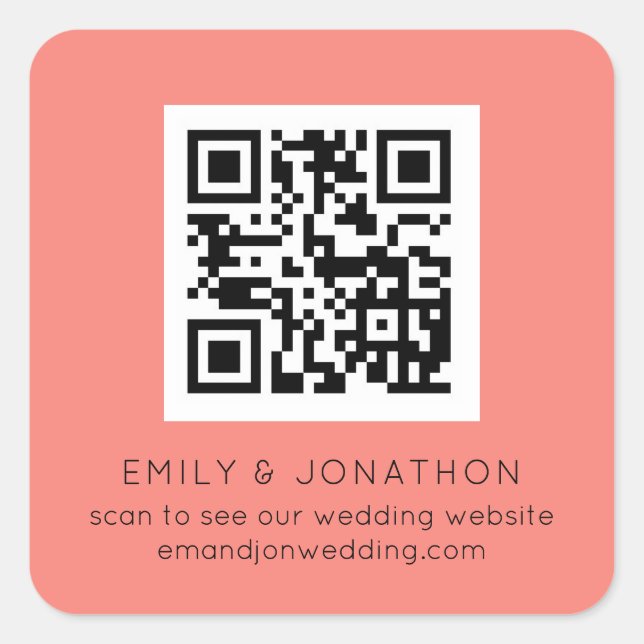 QR Code Wedding Website Names Coral Rose  Square Sticker (Front)