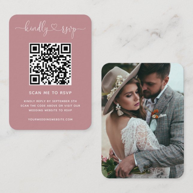 QR Code Wedding Website RSVP Dusty Rose Photo Enclosure Card (Front/Back)