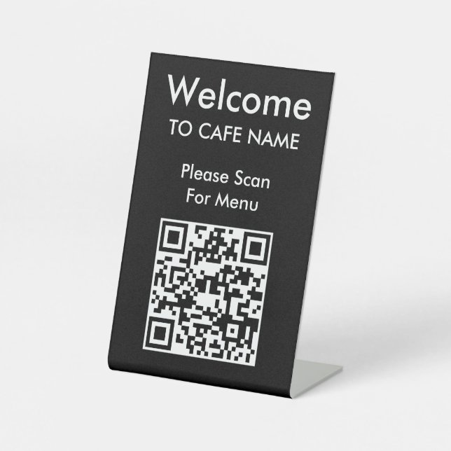 QR Code Welcome Cafe Restaurant Menu Black Pedestal Sign (Front)