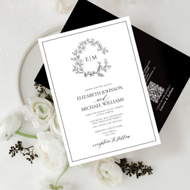 QR Code White Black Leafy Crest Monogram Wedding Invitation (Creator Uploaded)