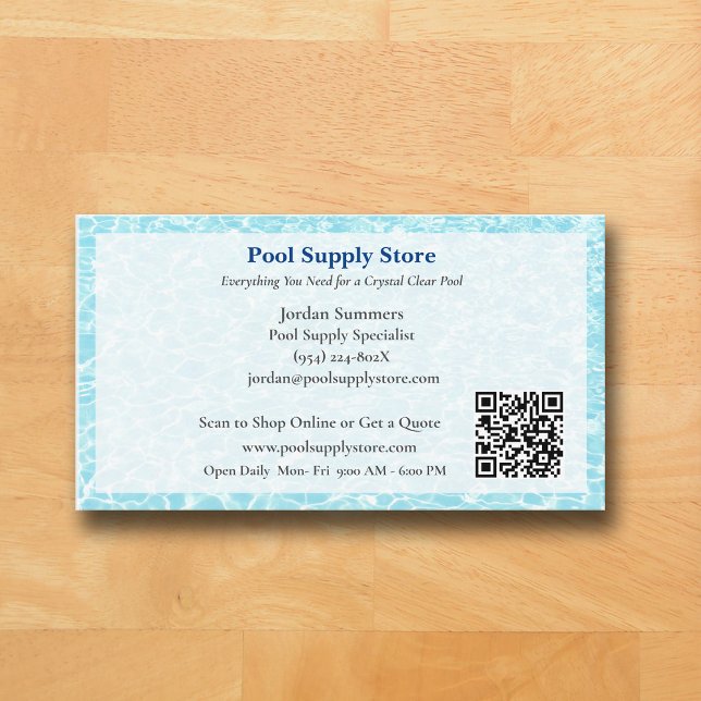 QR Code White Blue Swimming Pool Contractor   Business Card (Pool Business Card )