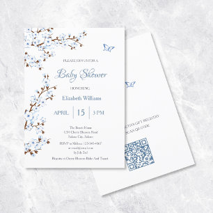 QR Code   White Cherry Blossoms Baby Shower  Invitation