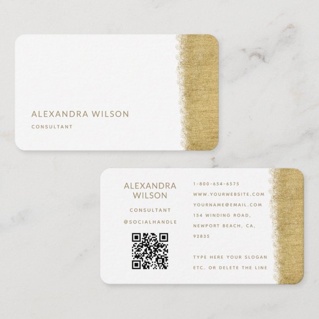 QR Code White Gold Brush Elegant Professional Business Card (Front/Back)