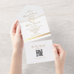 QR Code White Gold Wedding All In One Invitation