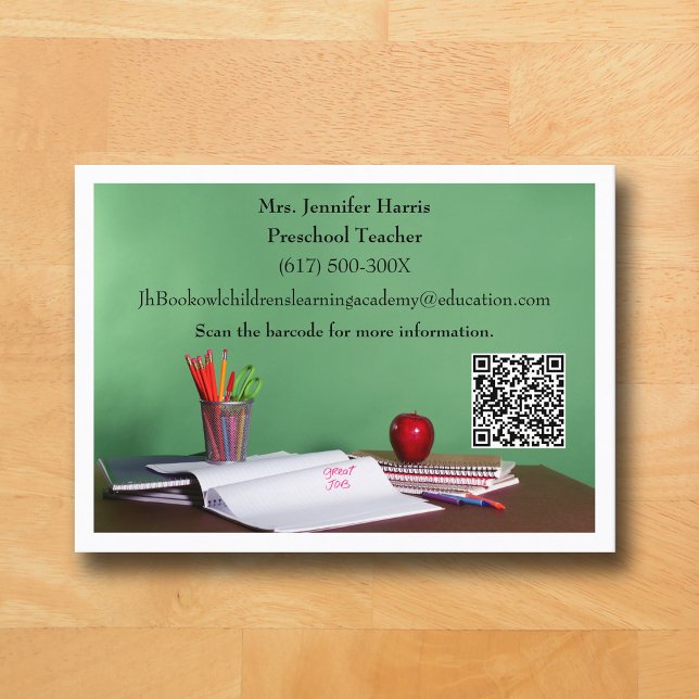 QR Code White Grade School Preschool Teacher  Business Card (White Business Card for Teacher )