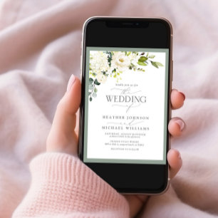 QR Code White Grey Green Floral Watercolor Wedding Invitation