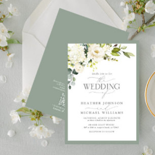 QR Code White Grey Green Floral Watercolor Wedding Invitation