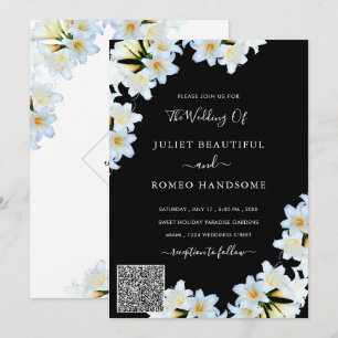 QR Code White Lilies Black Wedding Invitation Card