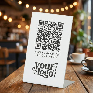 QR Code White Menu Logo Contactless Modern Cafe Pedestal Sign