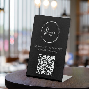 QR Code White Menu Logo Modern Restaurant Pedestal Sign