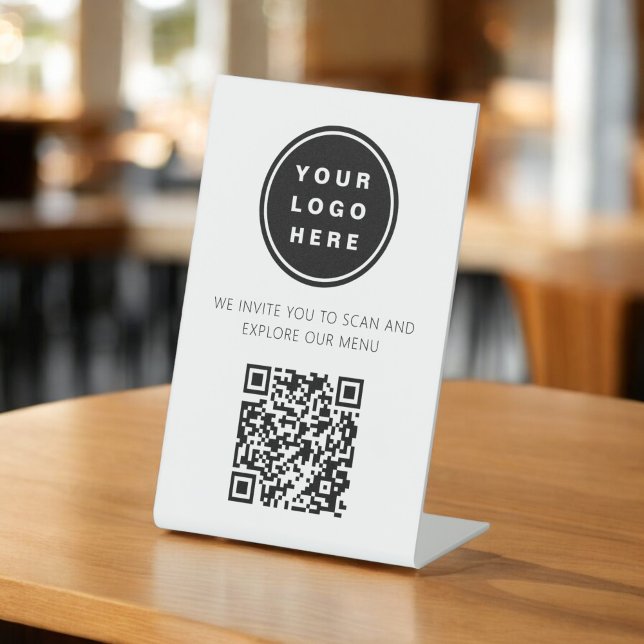 QR Code White Menu Logo Modern Restaurant Pedestal Sign (Creator Uploaded)