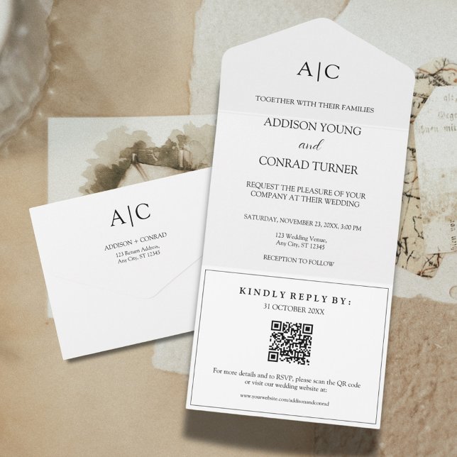 QR Code White Monogram Wedding All In One Invitation (Creator Uploaded)