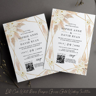 QR Code White Roses Pampas Grass Gold Wedding Invitation