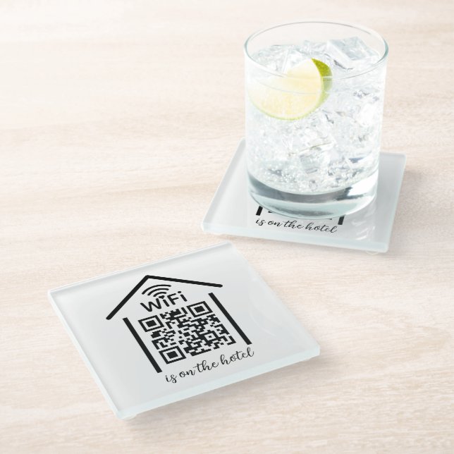 QR Code Wifi Scan to Connect is on the hotel Glass Coaster (Angled)