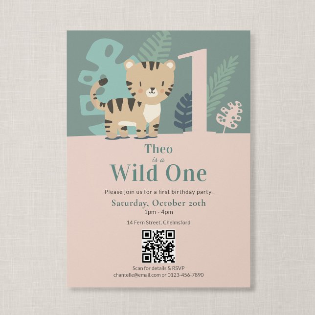 QR Code Wild One Jungle Tiger First Birthday Invitation (Tiny Tiger - Wild One Birthday Invitation with QR Code)