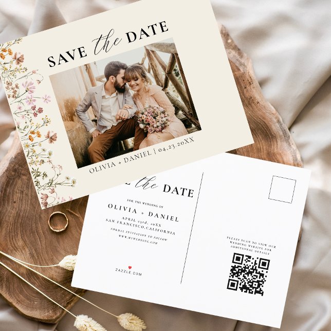 QR Code Wildflower Floral Wedding Announcement Postcard (Creator Uploaded)